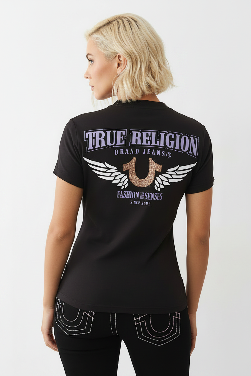 TRUE RELIGION Crushed Crystal Horseshoe V Neck Tee