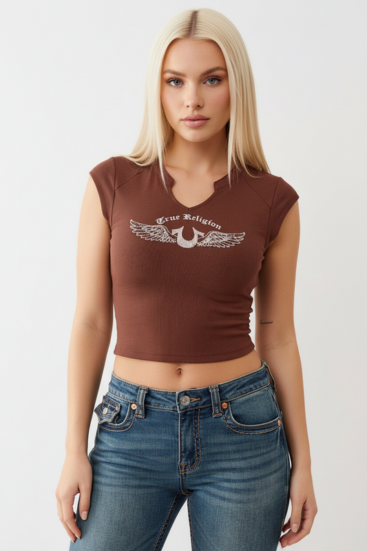TRUE RELIGION Crystal V Notch Side Ruch Top