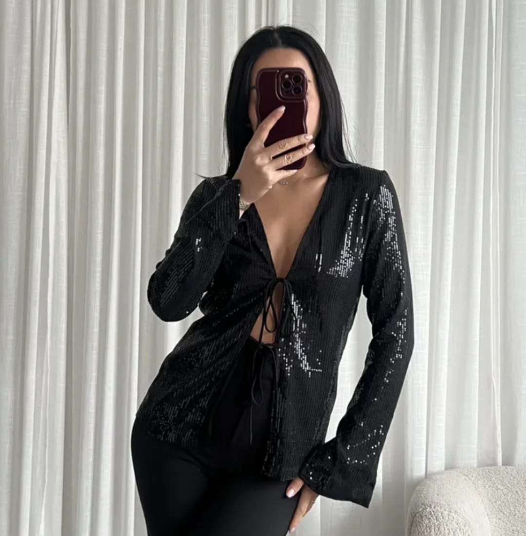 Blouse Paillete Long Sleeve Open Front