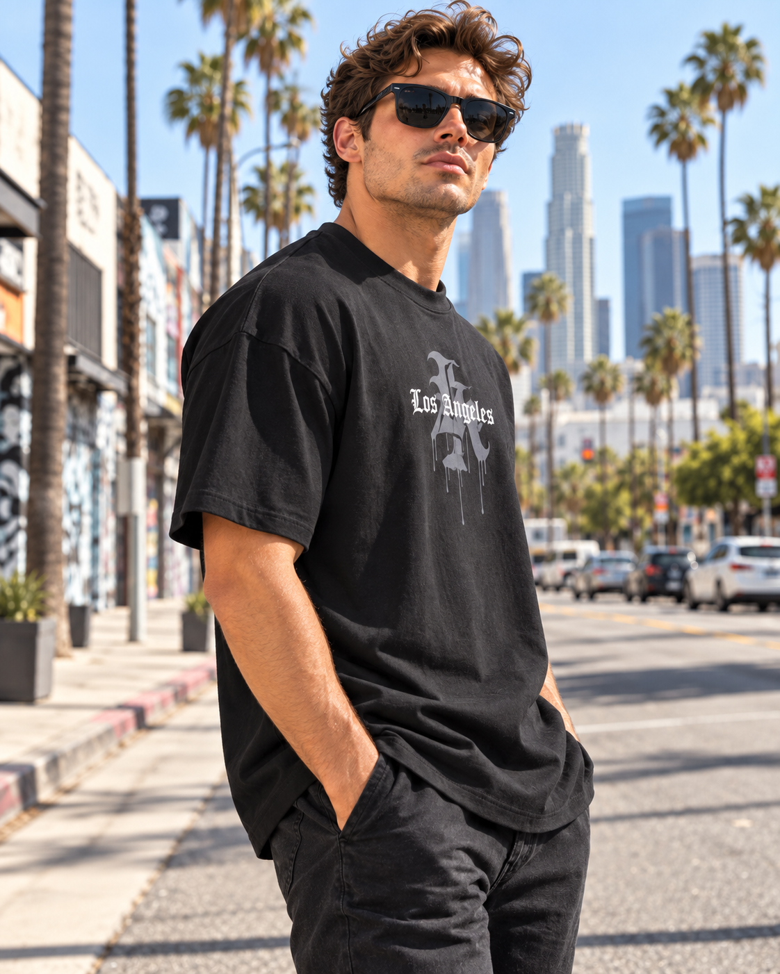 JAQWIN Men's Los Angeles Heavyweight Drop-Shoulder Graphic T-Shirt – Black