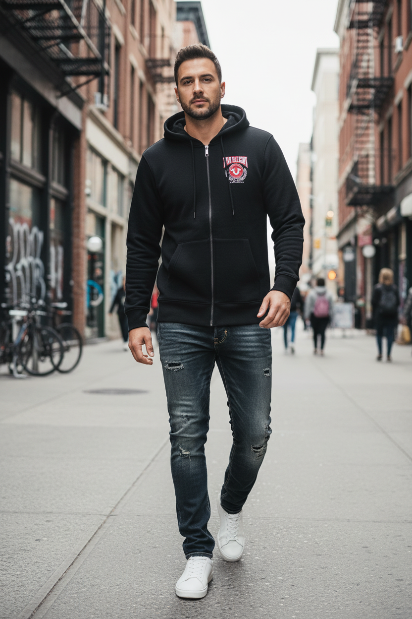 TRUE RELIGION Men Sweater Jet Black College HS Zip Hoodie