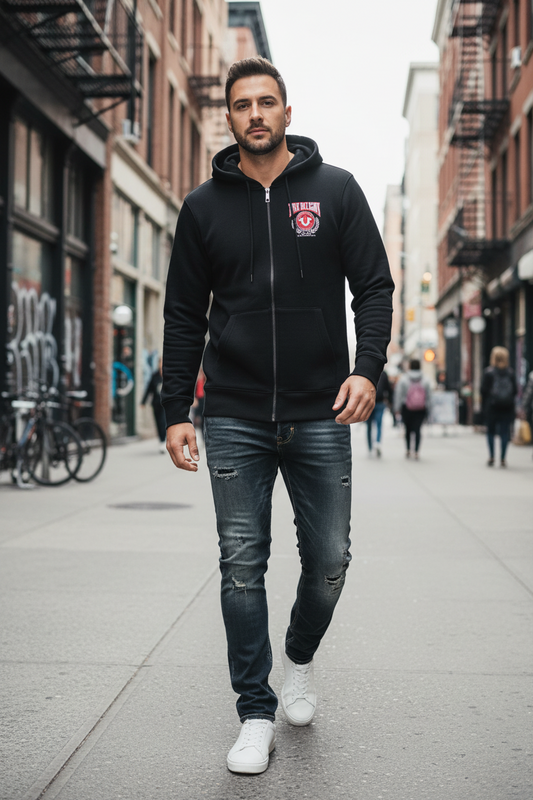 TRUE RELIGION Men Sweater Jet Black College HS Zip Hoodie