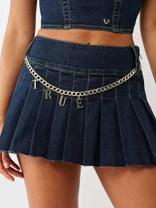 TRUE RELIGION Pleated Chain Denim Mini Skirt - Indigo Twilight - Front view