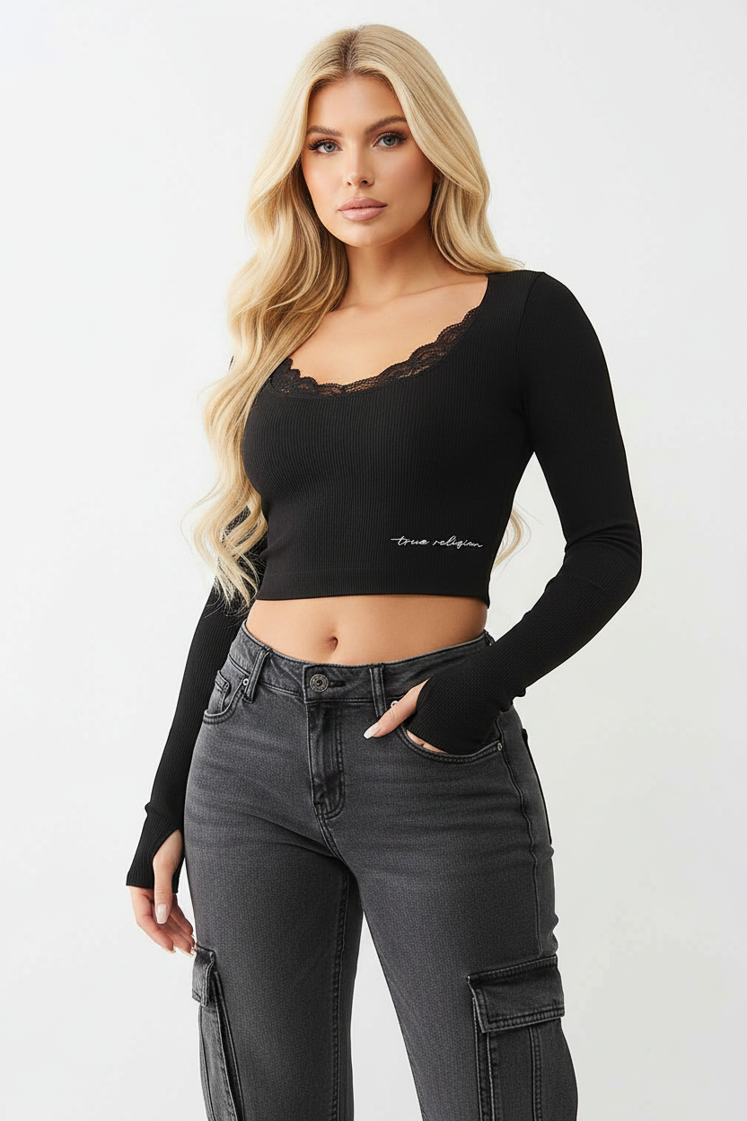 TRUE RELIGION Seamless Lace Scoop Neck Long Sleeve Top