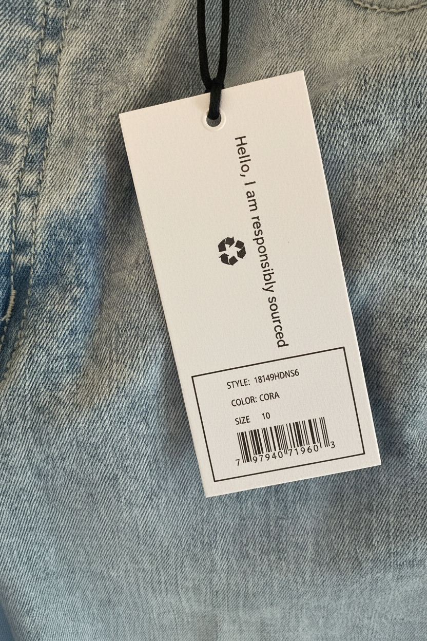 Clothing tag on a denim fabric background