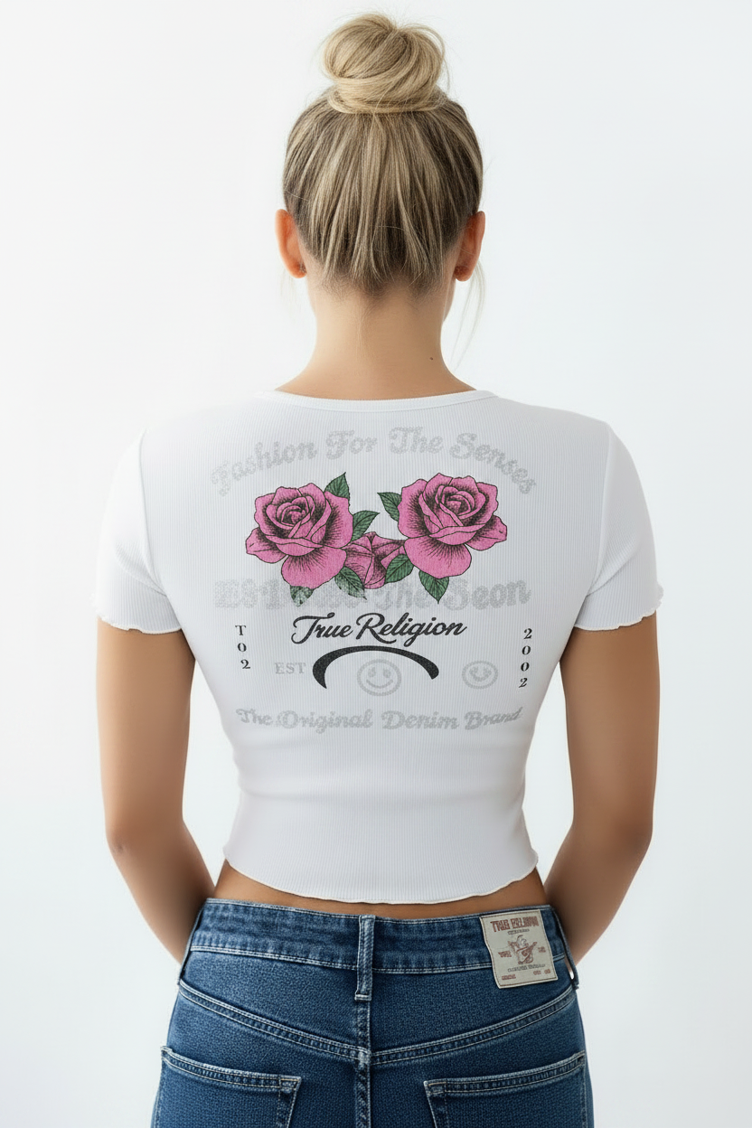 TRUE RELIGION Rose Logo Lettuce Hem Ribbed Baby Tee