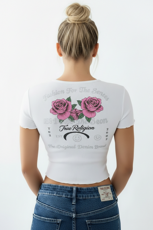 TRUE RELIGION Rose Logo Lettuce Hem Ribbed Baby Tee