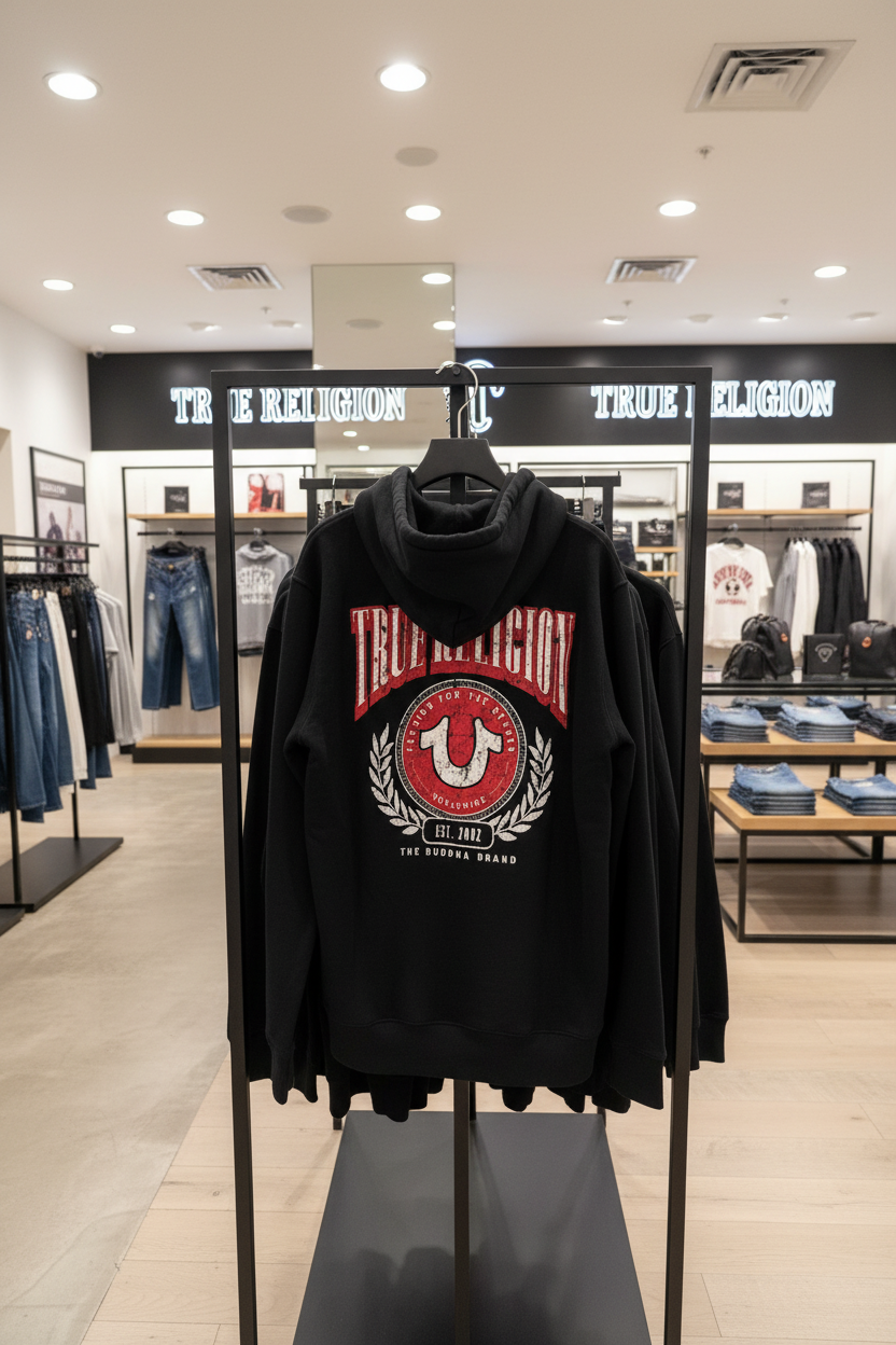 TRUE RELIGION Men Sweater Jet Black College HS Zip Hoodie