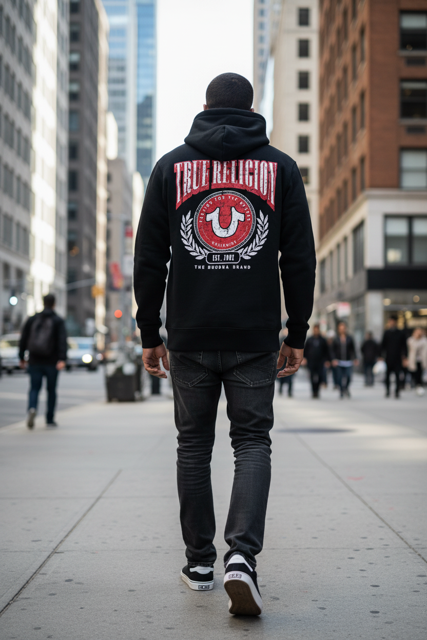 TRUE RELIGION Men Sweater Jet Black College HS Zip Hoodie