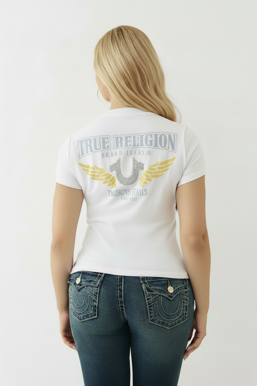 TRUE RELIGION Crushed Crystal Horseshoe V Neck Tee