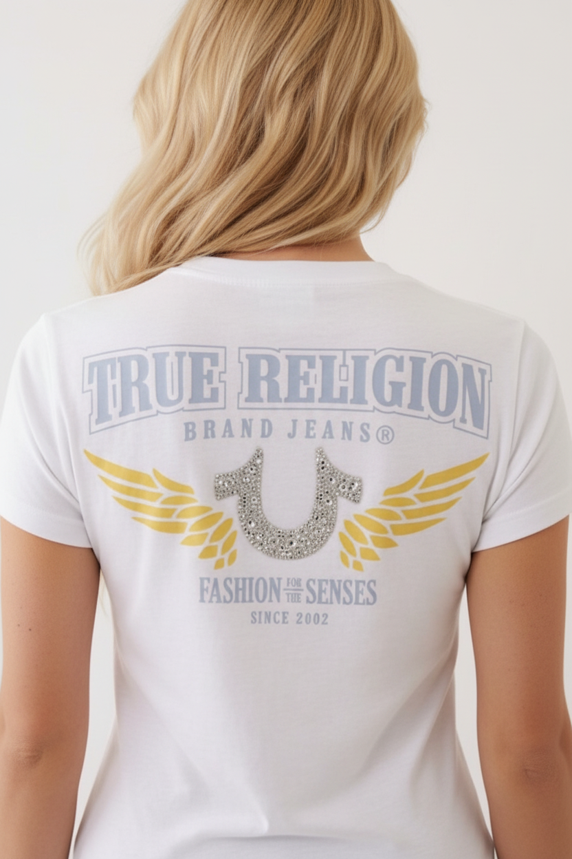 TRUE RELIGION Crushed Crystal Horseshoe V Neck Tee