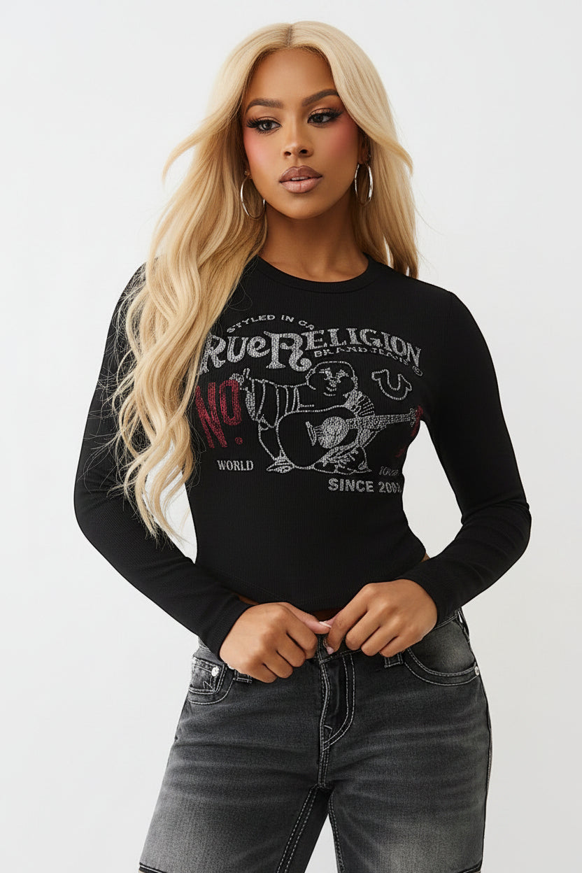 TRUE RELIGION Printed Buddha Long Sleeve Baby Tee
