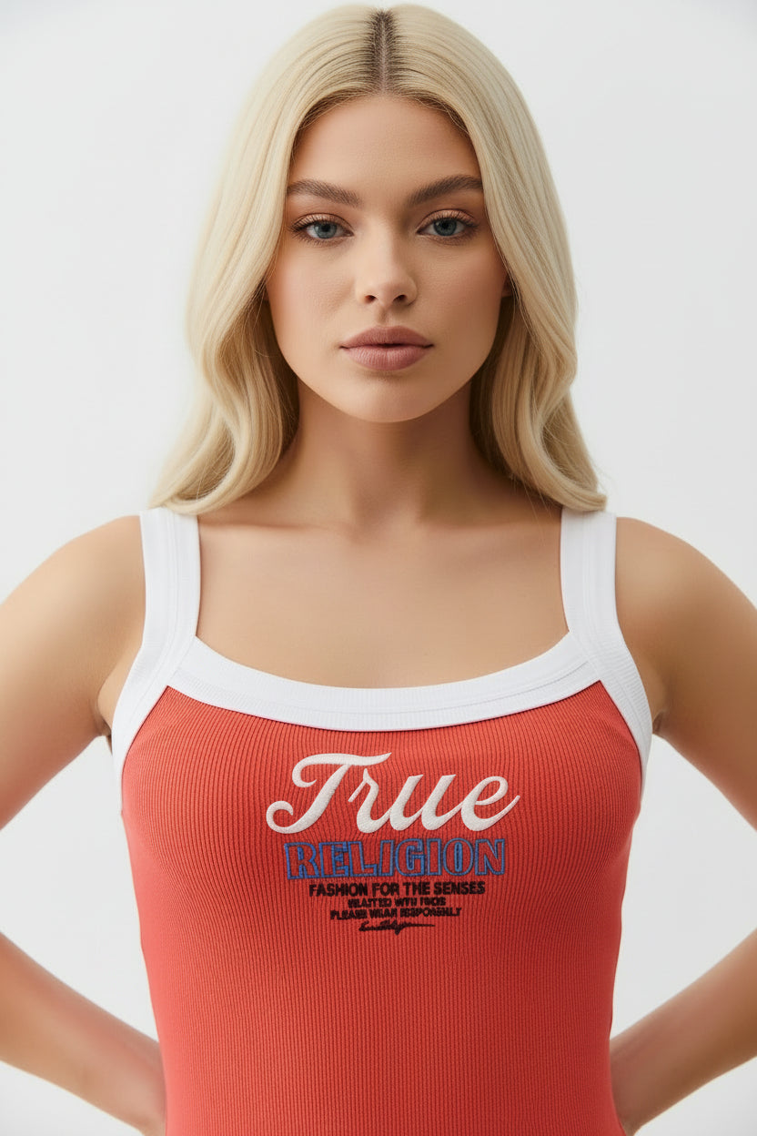 TRUE RELIGION Embroidered Cropped Ringer Tank