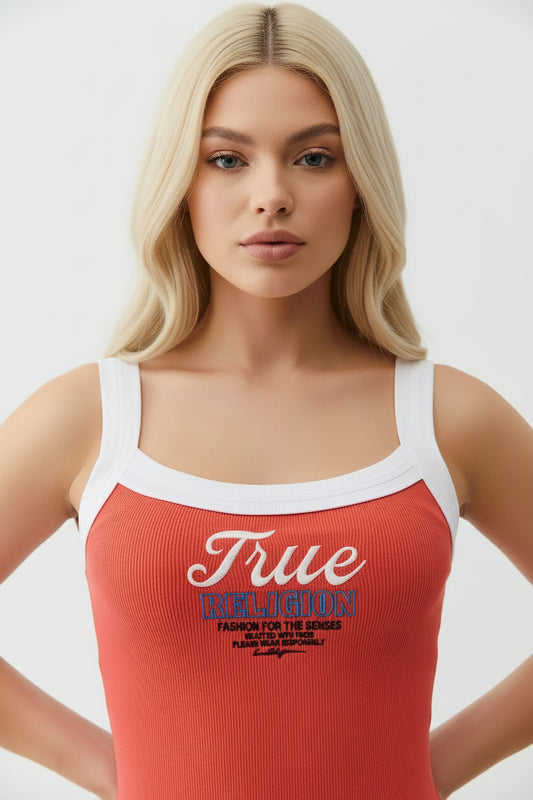 TRUE RELIGION Embroidered Cropped Ringer Tank