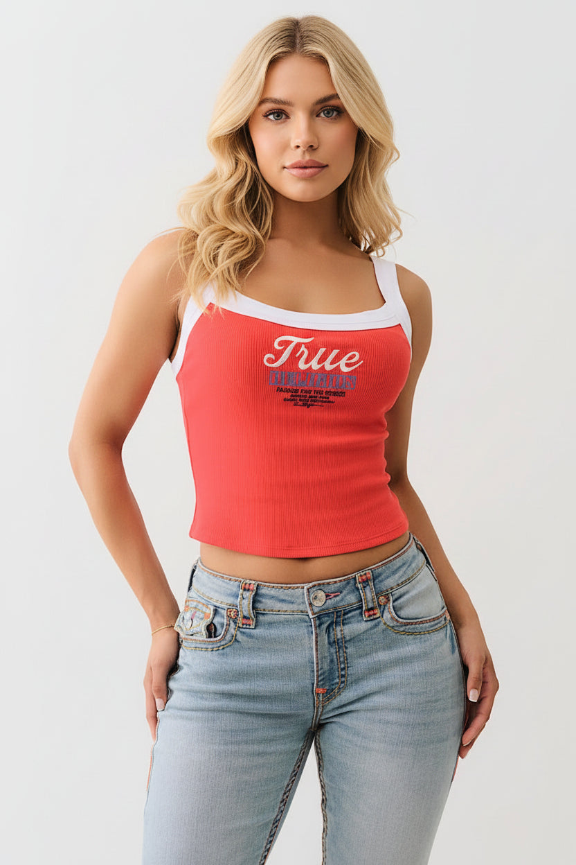 TRUE RELIGION Embroidered Cropped Ringer Tank