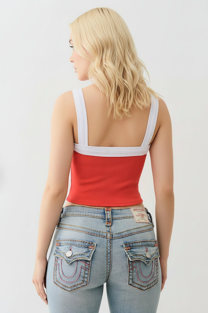 TRUE RELIGION Embroidered Cropped Ringer Tank