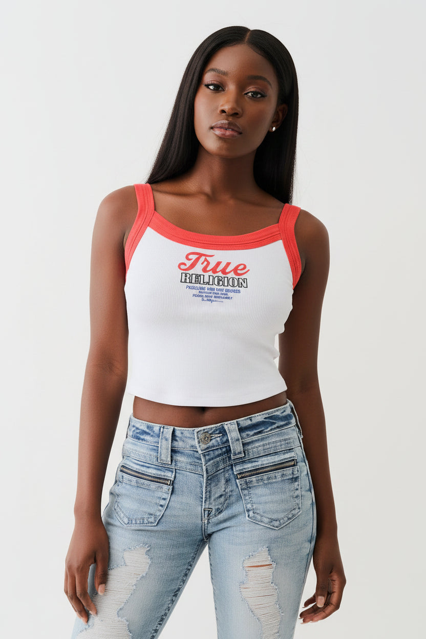 TRUE RELIGION Embroidered Cropped Ringer Tank
