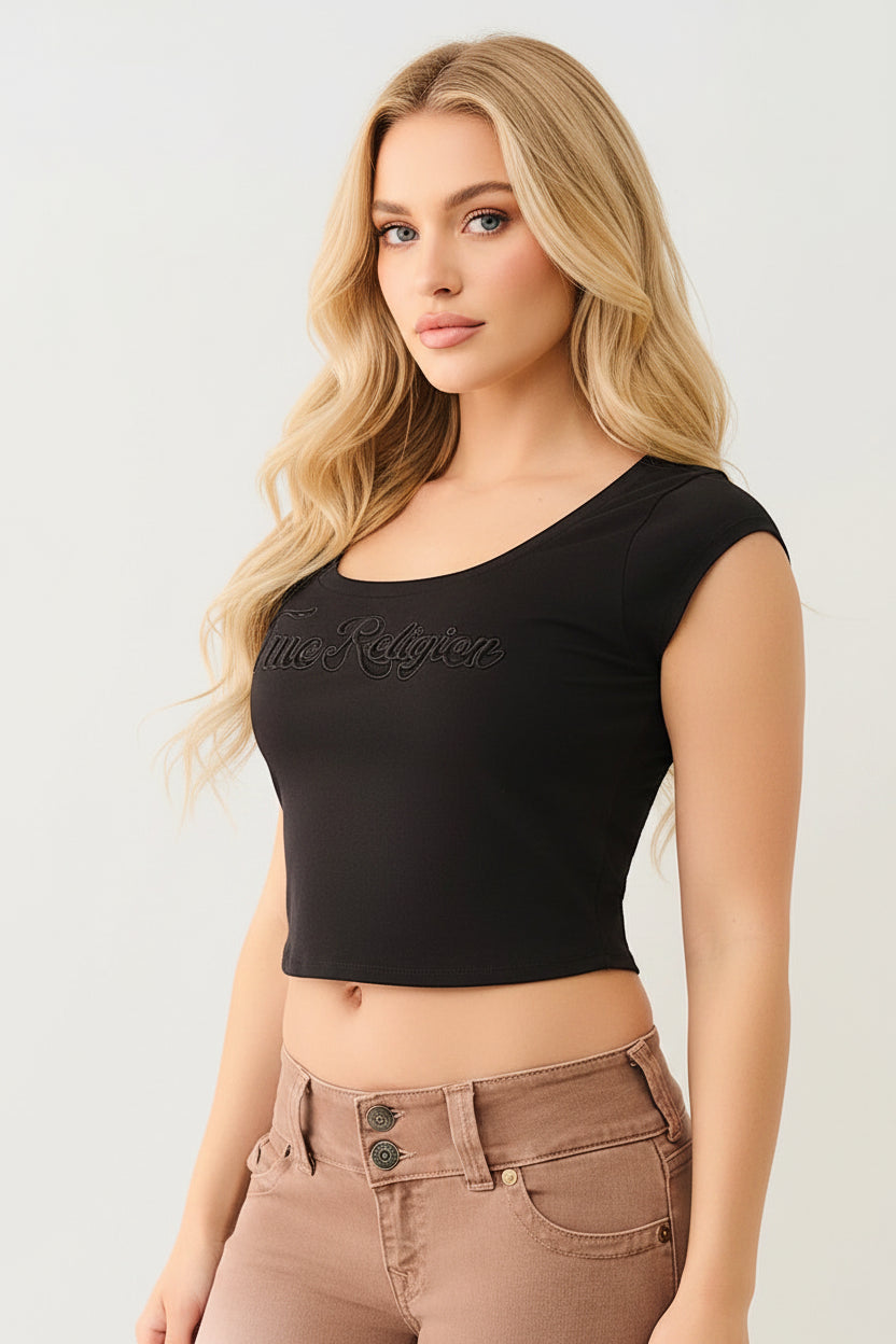 TRUE RELIGION Lace Logo Scoop Neck Baby Tee