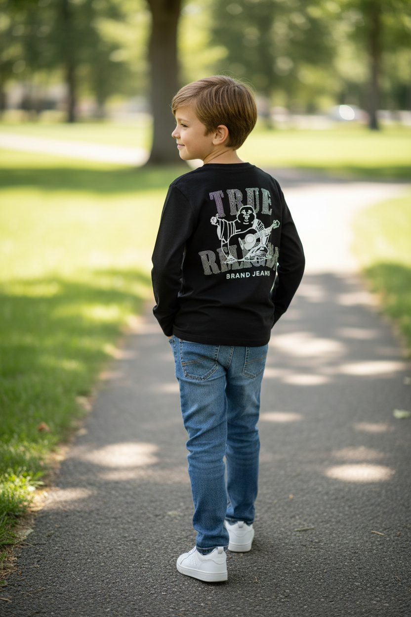 TRUE RELIGION Boys Studded Buddha Long Sleeve Tee