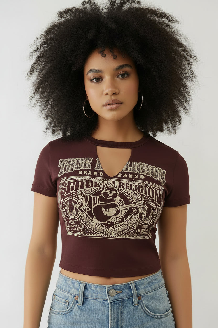 TRUE RELIGION Crystal Buddha Keyhole Baby Tee