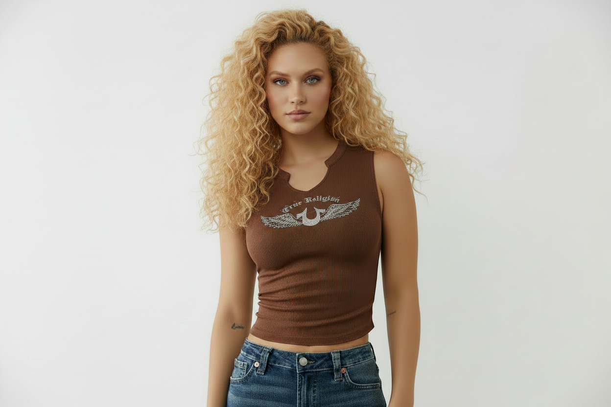 TRUE RELIGION Crystal V Notch Side Ruch Top