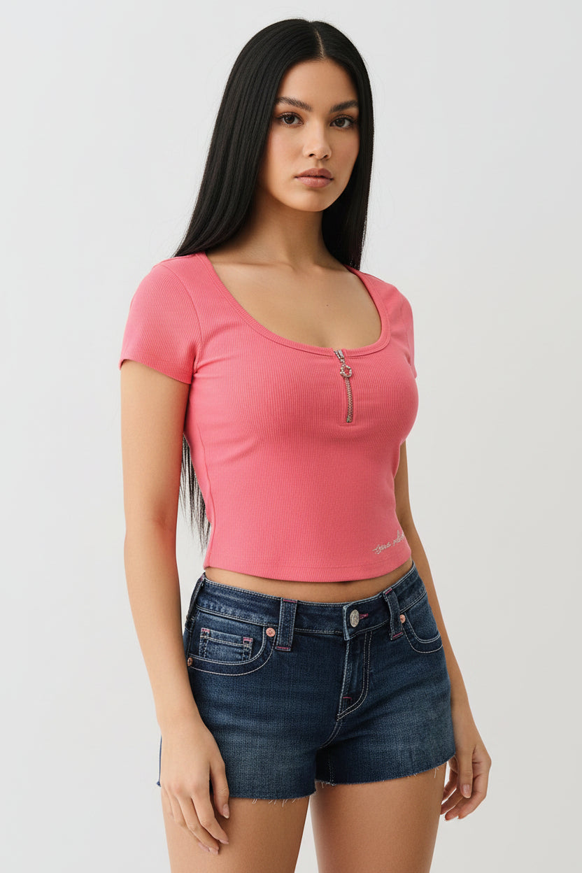 TRUE RELIGION Half Zip Ribbed Top