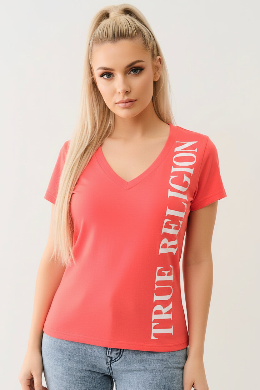 TRUE RELIGION Vertical Logo V Neck Tee