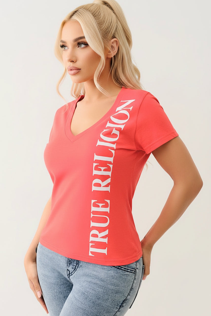 TRUE RELIGION Vertical Logo V Neck Tee