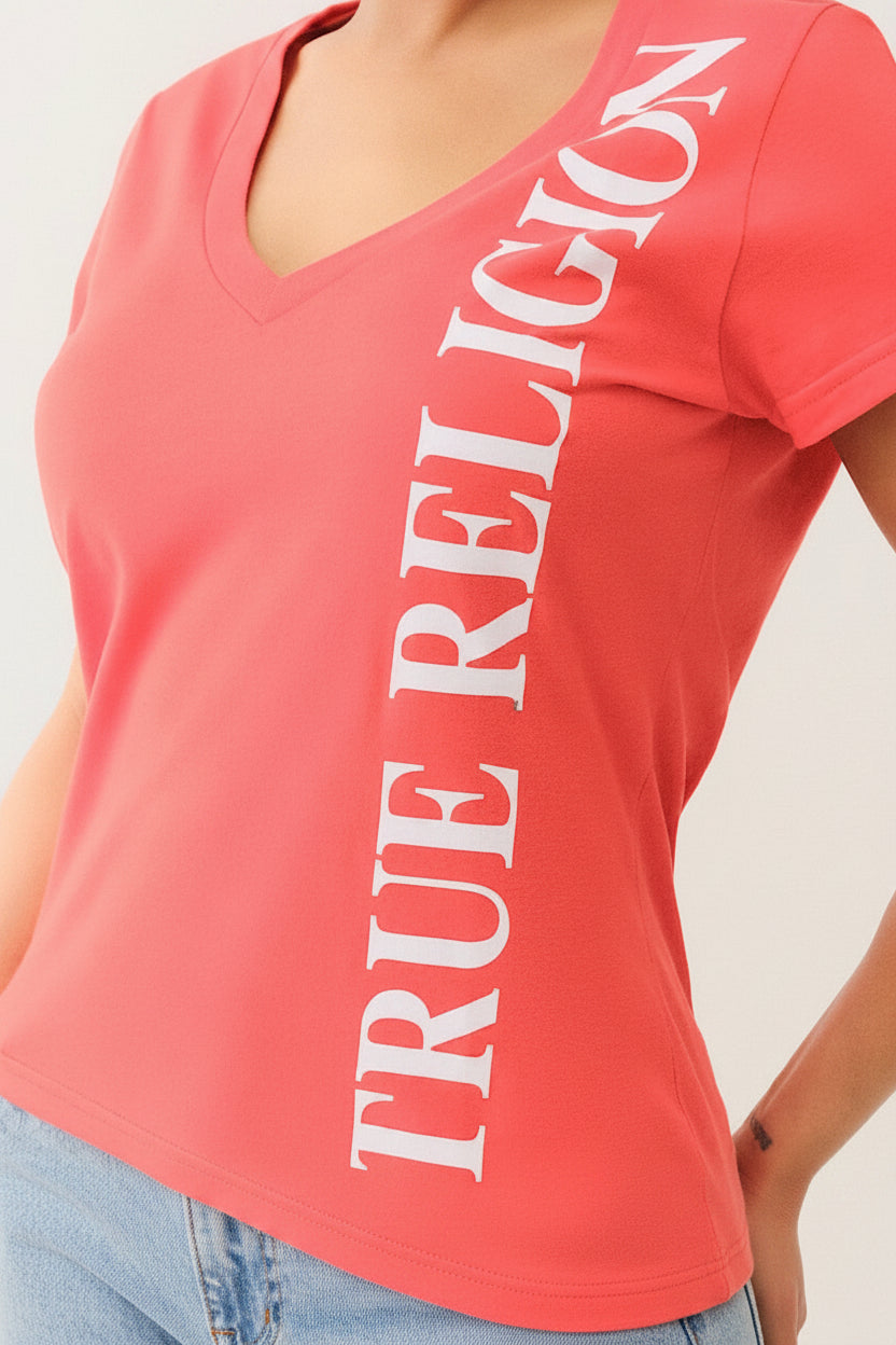 TRUE RELIGION Vertical Logo V Neck Tee