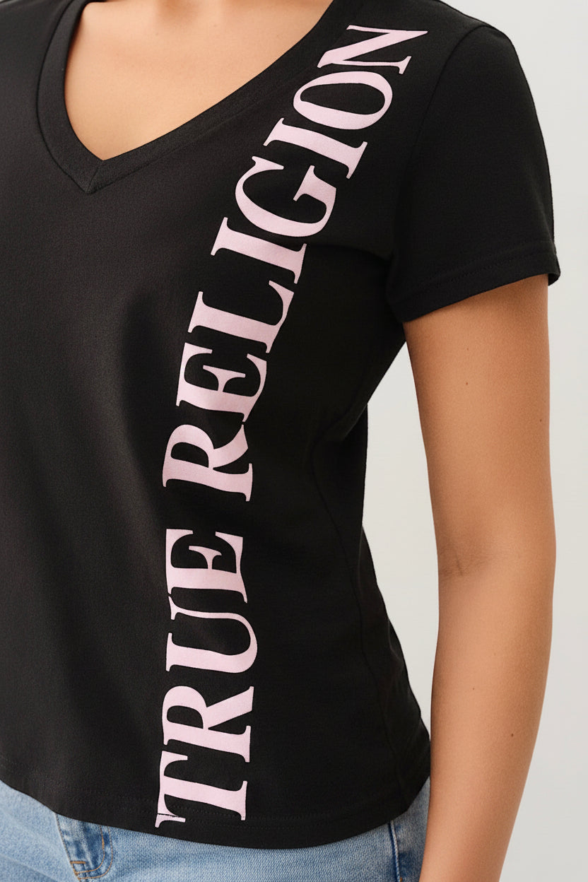 TRUE RELIGION Vertical Logo V Neck Tee