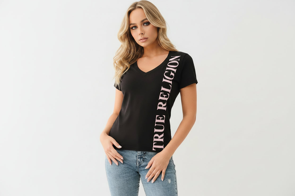 TRUE RELIGION Vertical Logo V Neck Tee