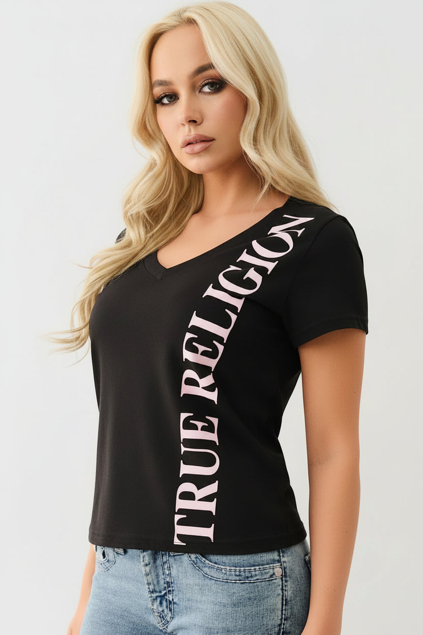 TRUE RELIGION Vertical Logo V Neck Tee