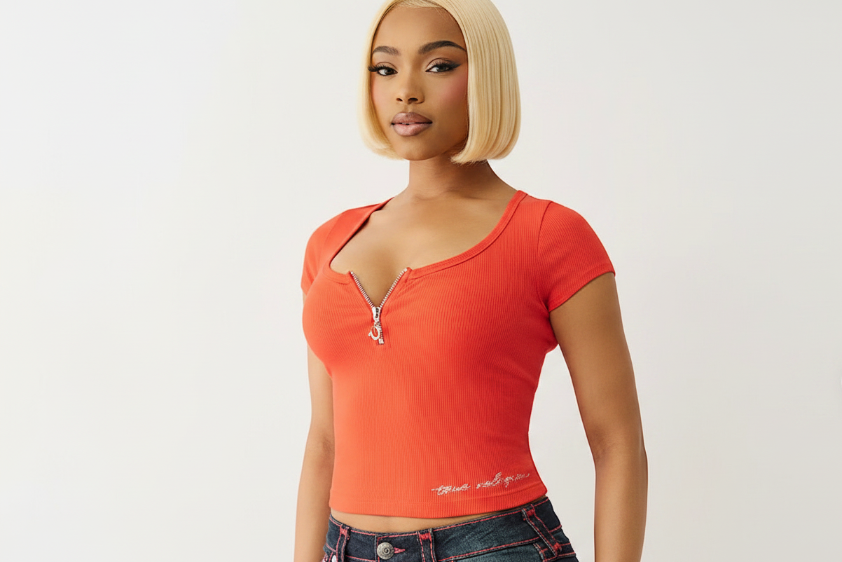 TRUE RELIGION Half Zip Ribbed Top