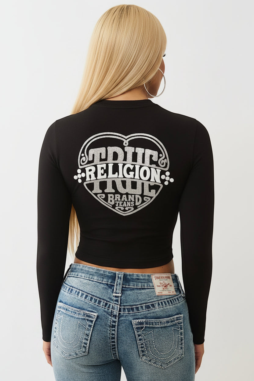 TRUE RELIGION Glitter Puff Print Heritage Long Sleeve Baby Tee