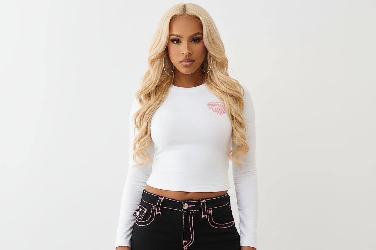 TRUE RELIGION Glitter Puff Print Heritage Long Sleeve Baby Tee