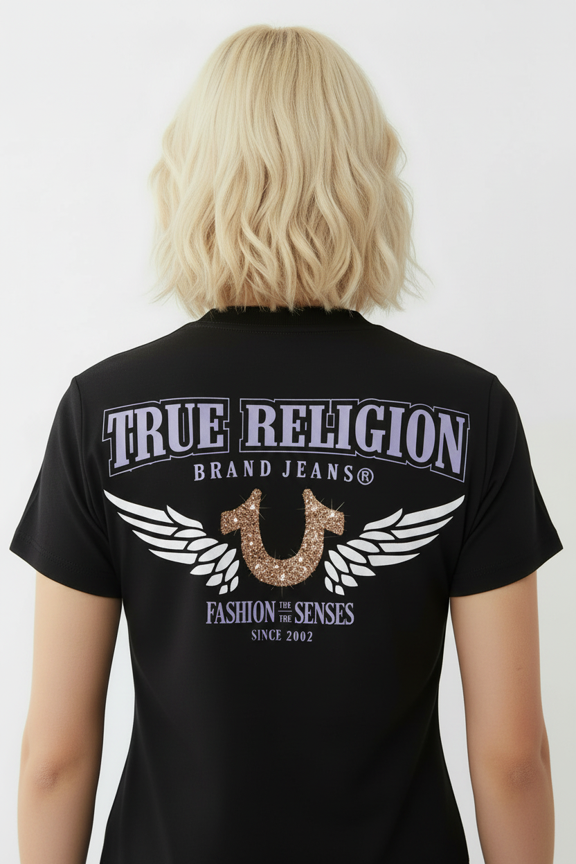 TRUE RELIGION Crushed Crystal Horseshoe V Neck Tee