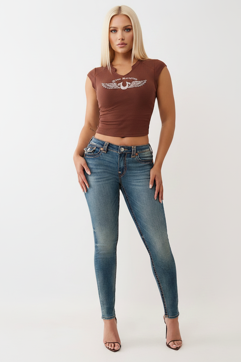 TRUE RELIGION Crystal V Notch Side Ruch Top