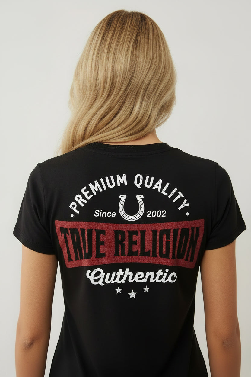 TRUE RELIGION Glitter Logo V Neck Tee