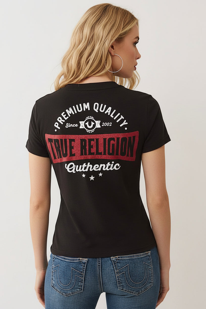 TRUE RELIGION Glitter Logo V Neck Tee