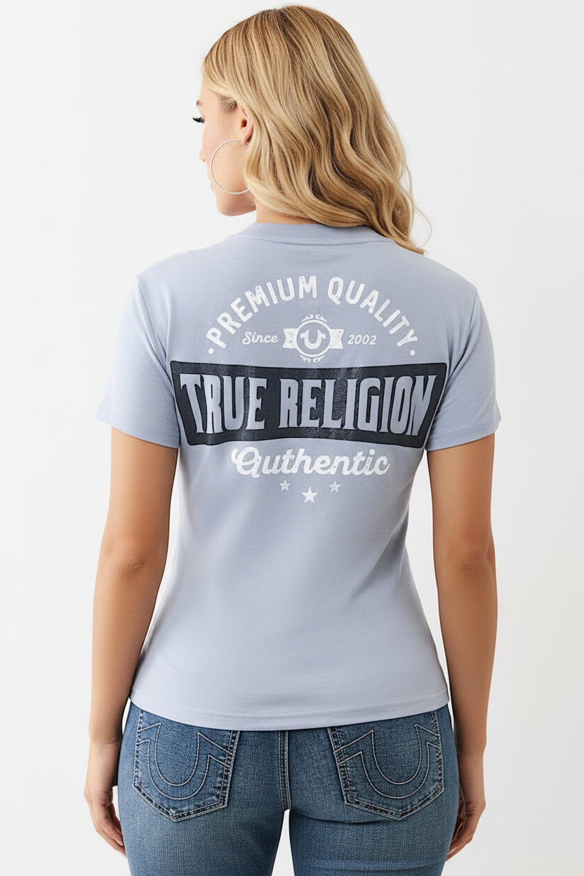 TRUE RELIGION Glitter Logo V Neck Tee