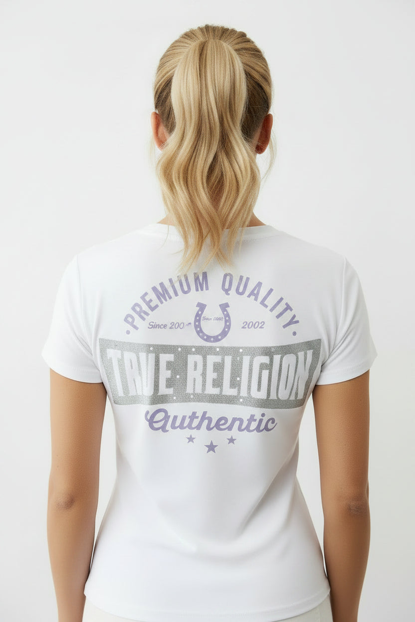 TRUE RELIGION Glitter Logo V Neck Tee