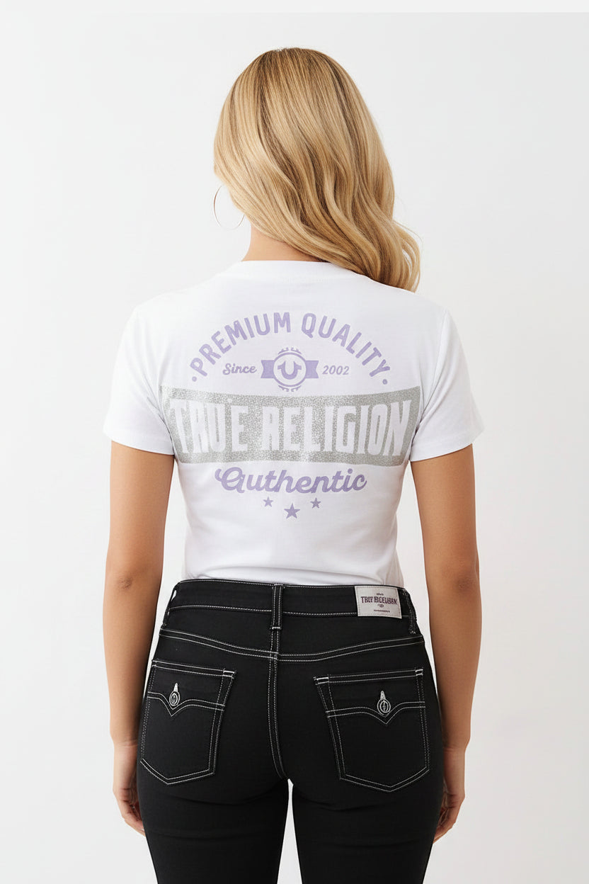 TRUE RELIGION Glitter Logo V Neck Tee