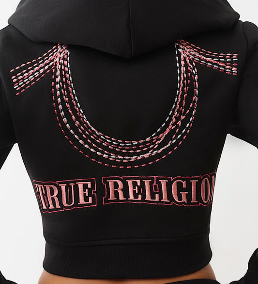 TRUE RELIGION Rainbow Stitch Horseshoe Shrunken Zip Hoodie