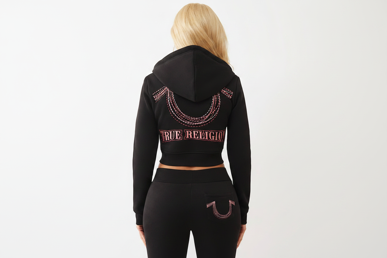 TRUE RELIGION Rainbow Stitch Horseshoe Shrunken Zip Hoodie