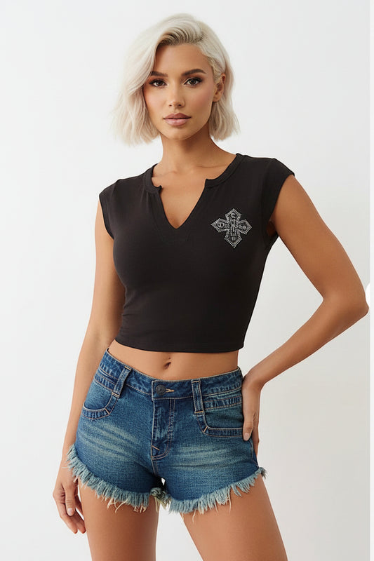 TRUE RELIGION Crystal Logo Crest Baby Tee