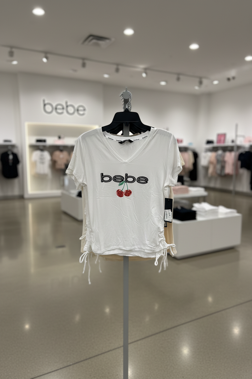 bebe Women's Logo & Cherry V-Neck Side-Tie Ruched T-Shirt