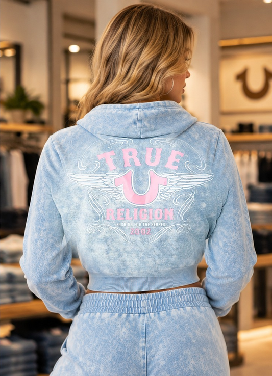 True Religion Women's Horseshoe Wing Faux Denim Hoodie – Denim Wash