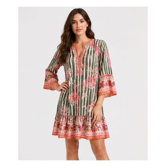 VANESSA SCOTT Green Floral Bell Sleeve Mini Dress