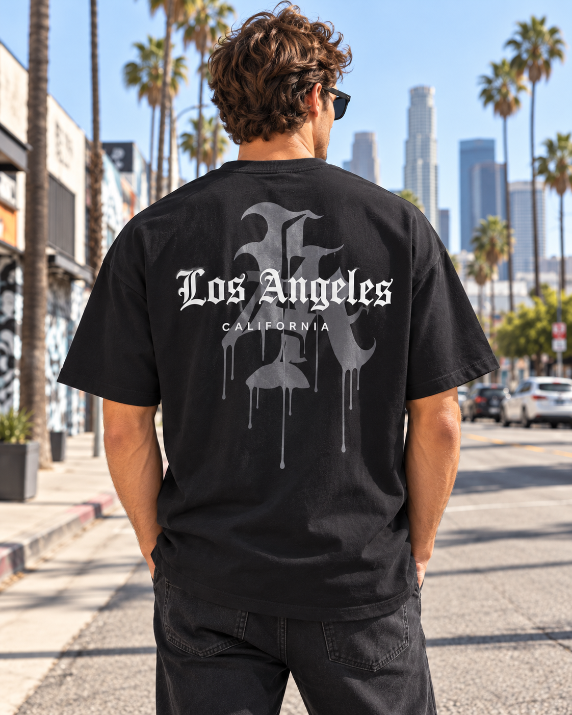 JAQWIN Men's Los Angeles Heavyweight Drop-Shoulder Graphic T-Shirt – Black