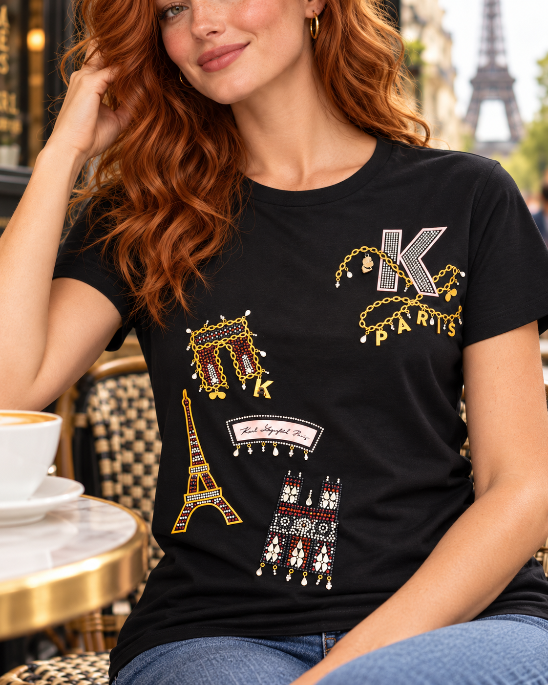 KARL LAGERFELD PARIS Women's Crystal Paris Icons T-Shirt – Black